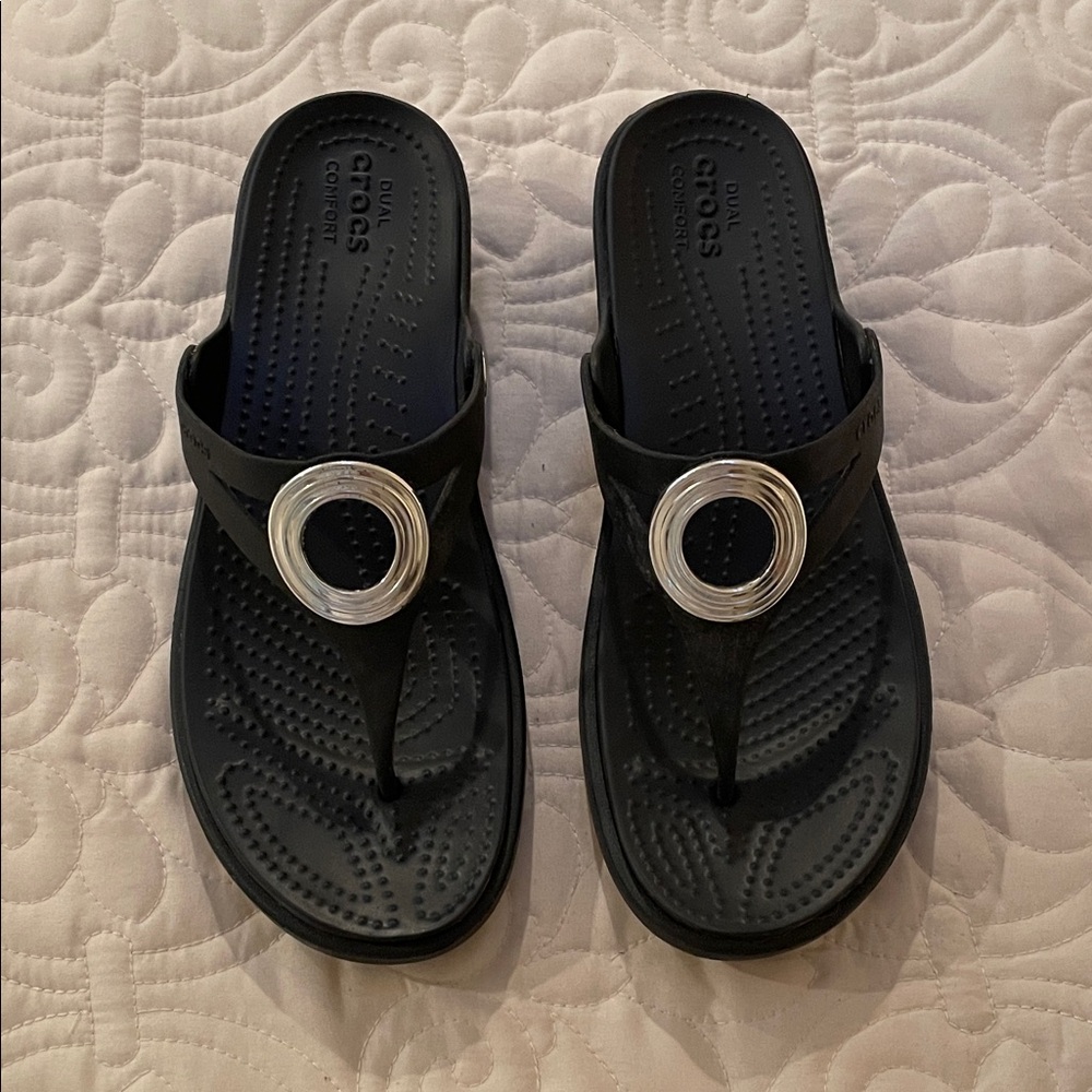 CROCS Black Sandals with Silver Accent